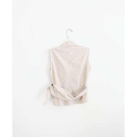 Lorenzini Tan White Gingham Check Cotton Sleeveless Collared Wrap Top I US S - Picture 2 of 4